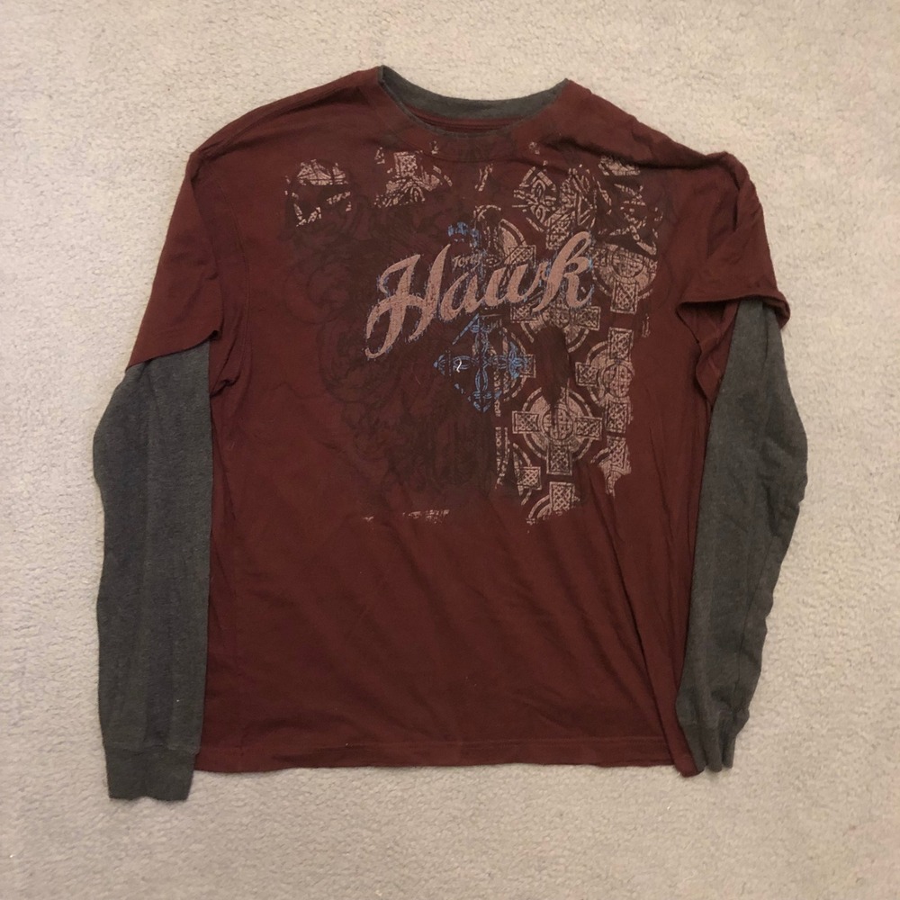 Tony Hawk Y2K Skate Long Sleeve Double Layer Shirt Maroon Grey L Vintage Style